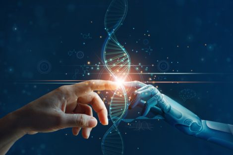 Mains de robot et d'un humain sur ADN